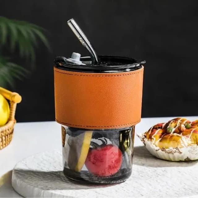 Techmanistan Glass Tumbler with Straw, Lid & Leather Sleeve, Leather Sleeve With Protective Leather Sleeve, Reusable Glass Coffee Tumbler