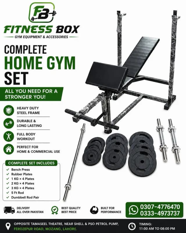 Bench Press set | Rubber plates | Dumbbells Rods |Complete Home Gym