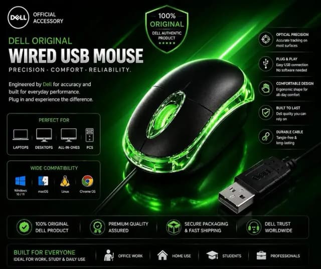 Special 14 August offer  Dell Original Wired USB RGB Optical Mouse | High Precision 1000 DPI | Plug & Play | Ergonomic Silent Mouse for Laptop, PC, Desktop & Computer | Windows 11/10, macOS, 