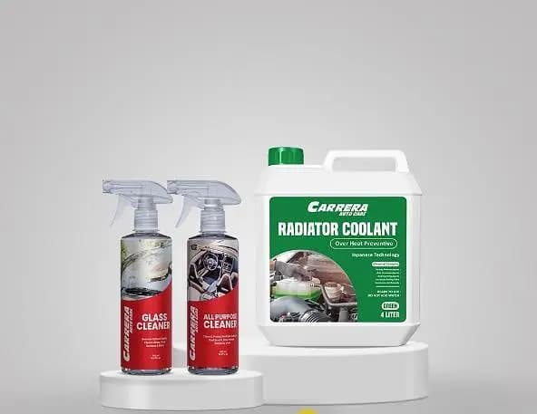 Carrera Heat Prevent Coolant Set: 4L Long Life Radiator Coolant, 500ml All Purpose Cleaner, 500ml Glass Cleaner, and a Free Microfibre Cloth
