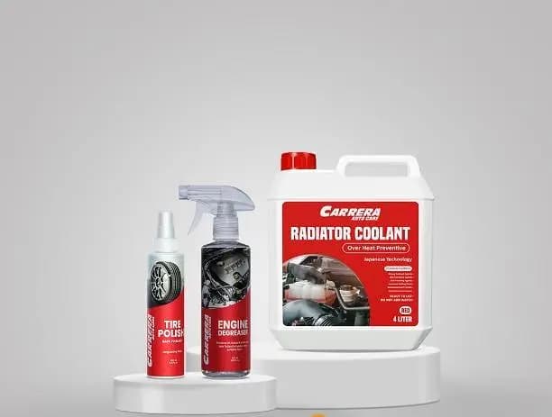 Carrera 3-in-1 Heat Prevent Coolant with Engine Degreaser, Tire Polish, and Microfiber Cloth - 4L Radiator Coolant, 500ml Degreaser, 200ml Tire Polish