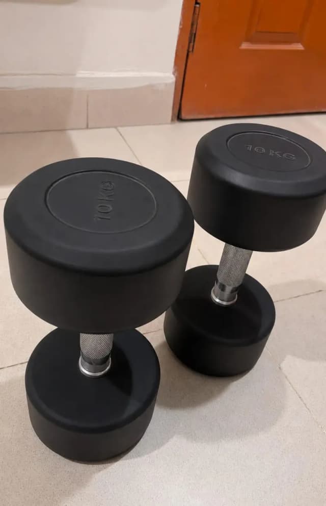 dumbbells, rods with plates and bench press