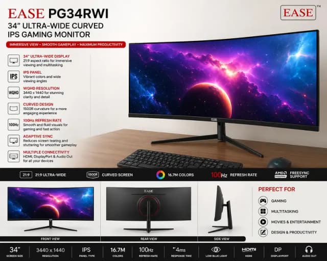 URGENT SALE E PG34RWI 34Inch Ultra-Wide 21:9 Curved IPS Gaming Monitor